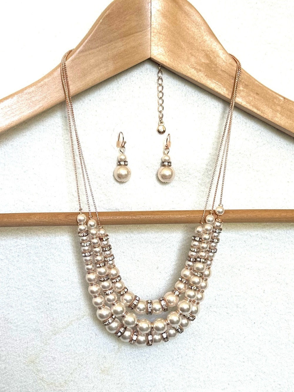 Pearl Bead Statement Necklace and Earring Set - Rose Gold Tone